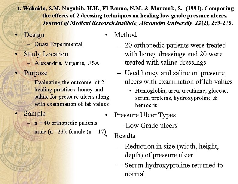 1. Weheida, S. M. Nagubib, H. H. , El-Banna, N. M. & Marzouk, S.