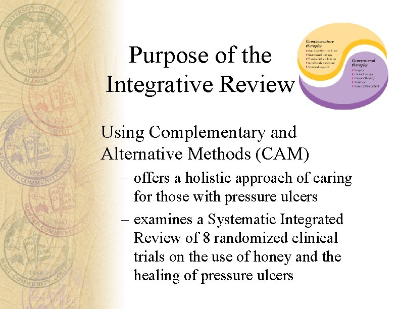 Purpose of the Integrative Review Using Complementary and Alternative Methods (CAM) – offers a