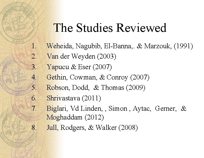 The Studies Reviewed 1. 2. 3. 4. 5. 6. 7. 8. Weheida, Nagubib, El-Banna,