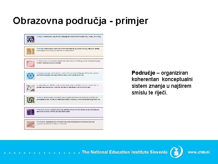 Obrazovna područja - primjer Područje – organiziran koherentan konceptualni sistem znanja u najširem smislu