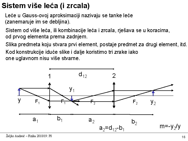 Sistem više leća (i zrcala) Leće u Gauss-ovoj aproksimaciji nazivaju se tanke leće (zanemaruje