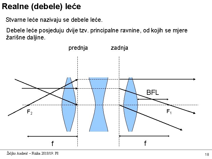 Realne (debele) leće Stvarne leće nazivaju se debele leće. Debele leće posjeduju dvije tzv.