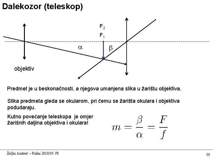 Dalekozor (teleskop) F 2 F 1 objektiv Predmet je u beskonačnosti, a njegova umanjena