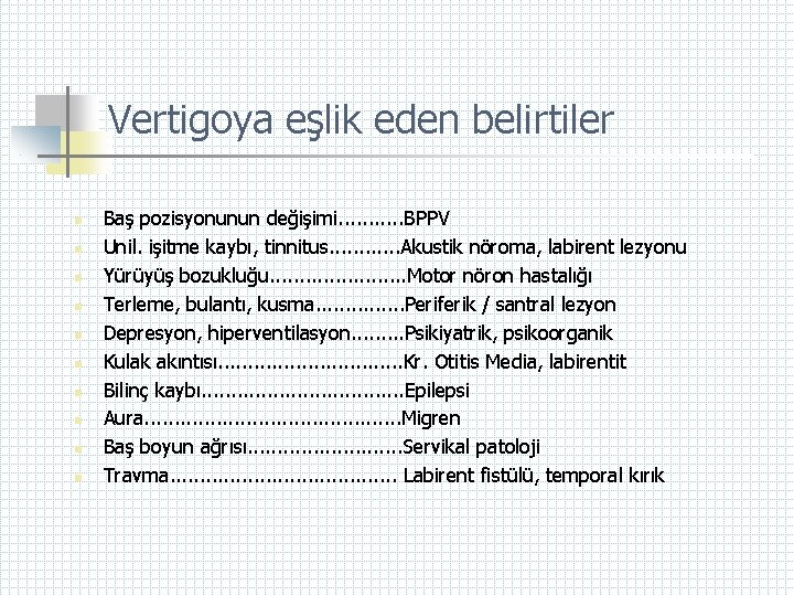 Vertigoya eşlik eden belirtiler n n n n n Baş pozisyonunun değişimi. . .