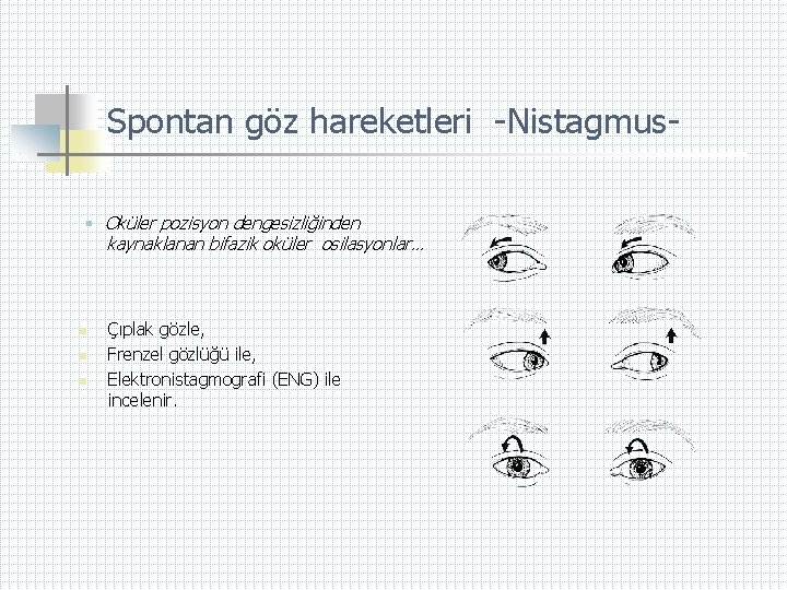 Spontan göz hareketleri -Nistagmus§ Oküler pozisyon dengesizliğinden kaynaklanan bifazik oküler osilasyonlar… n n n