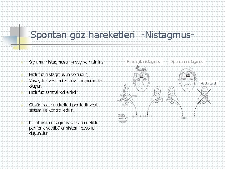 Spontan göz hareketleri -Nistagmusn n n Sıçrama nistagmusu -yavaş ve hızlı faz. Hızlı faz