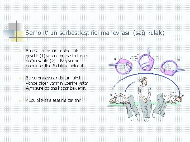 Semont’ un serbestleştirici manevrası (sağ kulak) n n n Baş hasta tarafın aksine sola