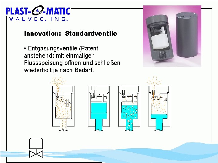 Innovation: Standardventile • Entgasungsventile (Patent anstehend) mit einmaliger Flussspeisung öffnen und schließen wiederholt je