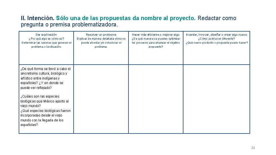 II. Intención. Sólo una de las propuestas da nombre al proyecto. Redactar como pregunta II. Intención. Sólo una de las propuestas da nombre al proyecto. Redactar como pregunta