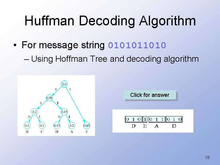 Huffman Decoding Algorithm • For message string 0101011010 – Using Hoffman Tree and decoding