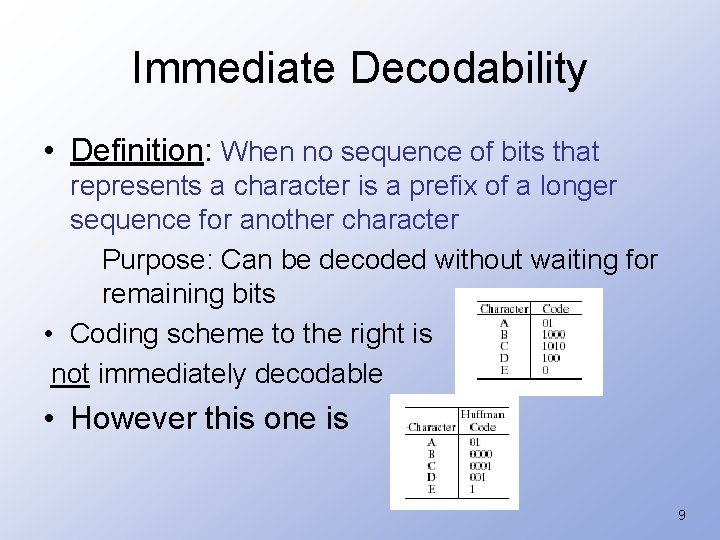 Immediate Decodability • Definition: When no sequence of bits that represents a character is