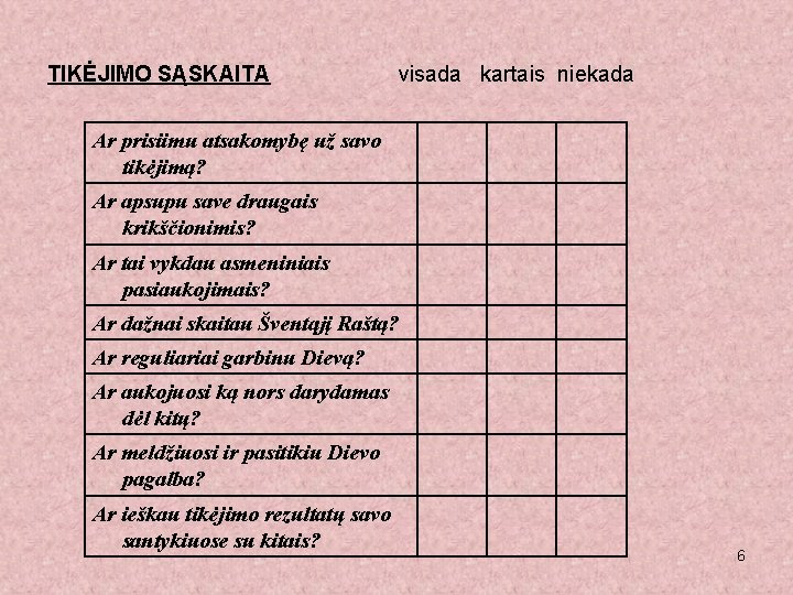 TIKĖJIMO SĄSKAITA visada kartais niekada Ar prisiimu atsakomybę už savo tikėjimą? Ar apsupu save