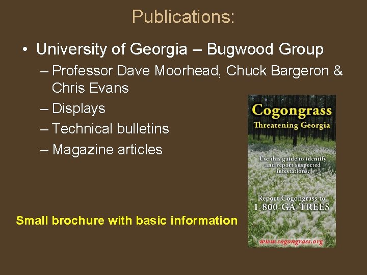 Publications: • University of Georgia – Bugwood Group – Professor Dave Moorhead, Chuck Bargeron