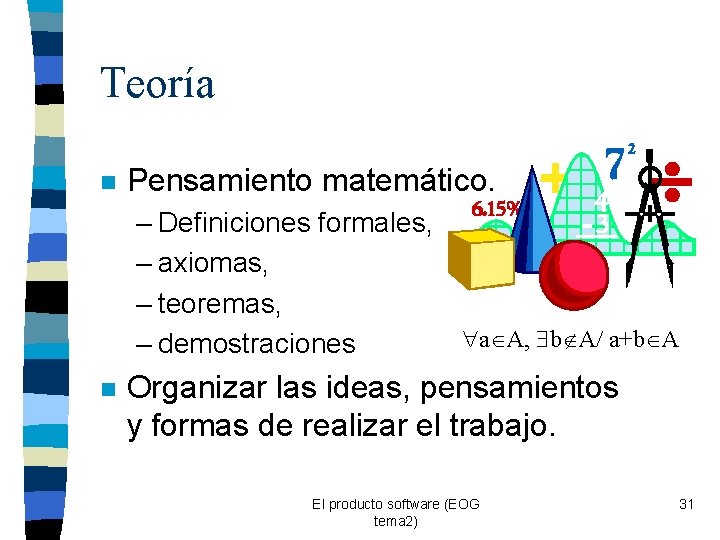 Teoría n Pensamiento matemático. – Definiciones formales, – axiomas, – teoremas, – demostraciones n