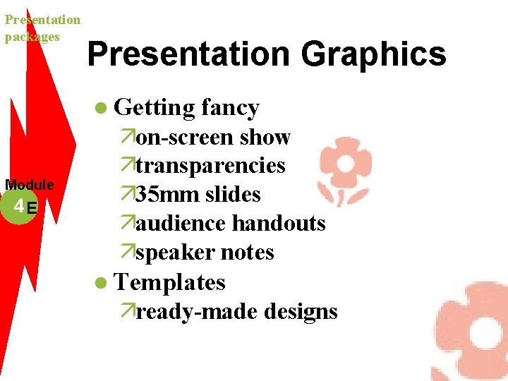Presentation packages Presentation Graphics l Getting Module 4 E fancy äon-screen show ätransparencies ä