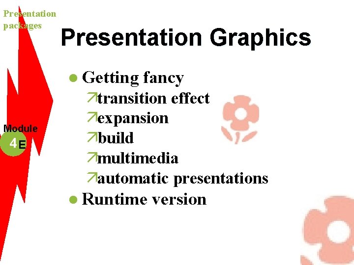 Presentation packages Presentation Graphics l Getting Module 4 E fancy ätransition effect äexpansion äbuild