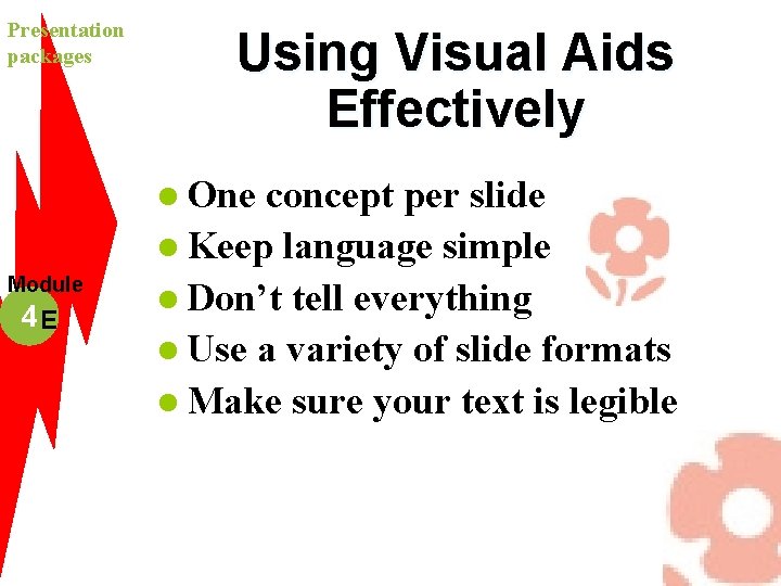 Presentation packages Using Visual Aids Effectively l One Module 4 E concept per slide