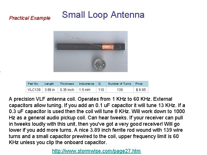 Small Loop Antenna Practical Example Part No Length Thickness Inductance Q VLC 139 3.