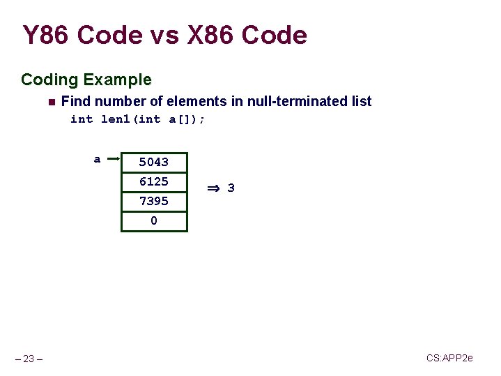 Y 86 Code vs X 86 Code Coding Example n Find number of elements