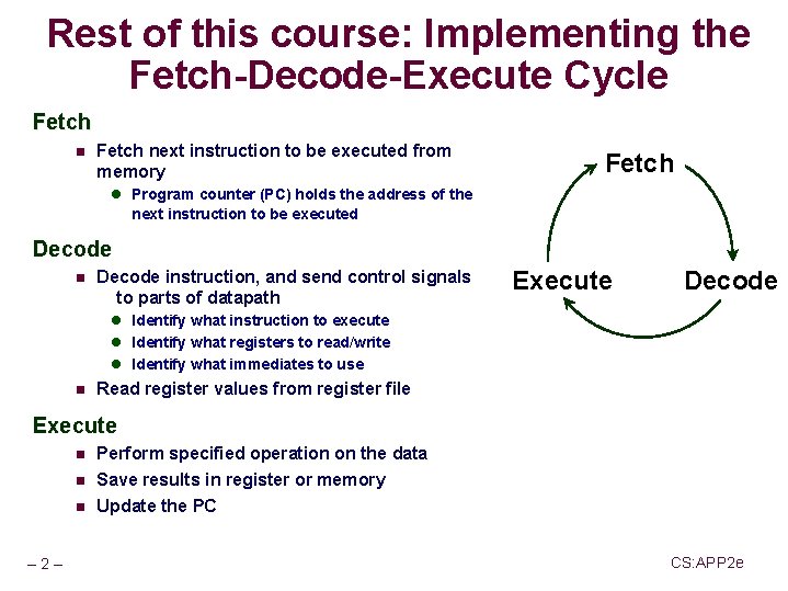 Rest of this course: Implementing the Fetch-Decode-Execute Cycle Fetch next instruction to be executed