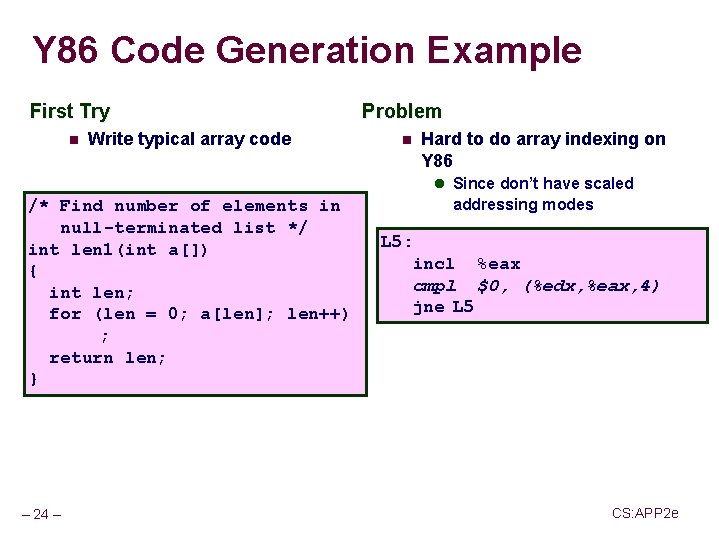 Y 86 Code Generation Example First Try n Write typical array code Problem n