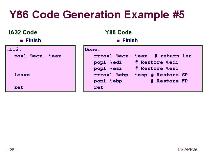 Y 86 Code Generation Example #5 IA 32 Code n Finish . L 13: