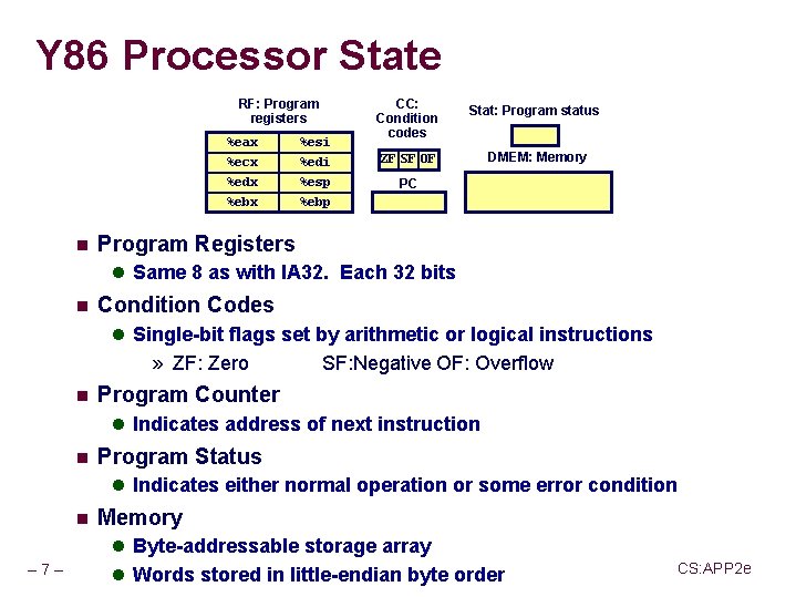 Y 86 Processor State RF: Program registers n %eax %esi %ecx %edx %ebx %edi