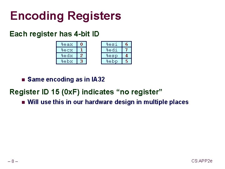 Encoding Registers Each register has 4 -bit ID %eax %ecx %edx %ebx n 0