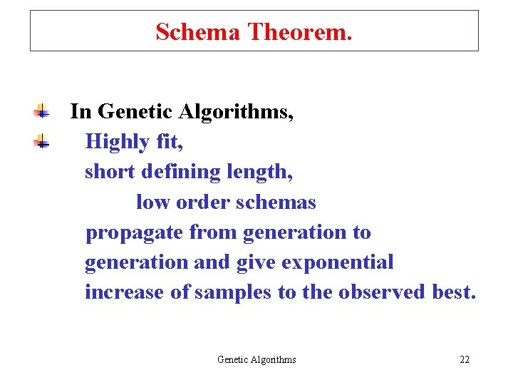 Schema Theorem. In Genetic Algorithms, Highly fit, short defining length, low order schemas propagate Schema Theorem. In Genetic Algorithms, Highly fit, short defining length, low order schemas propagate