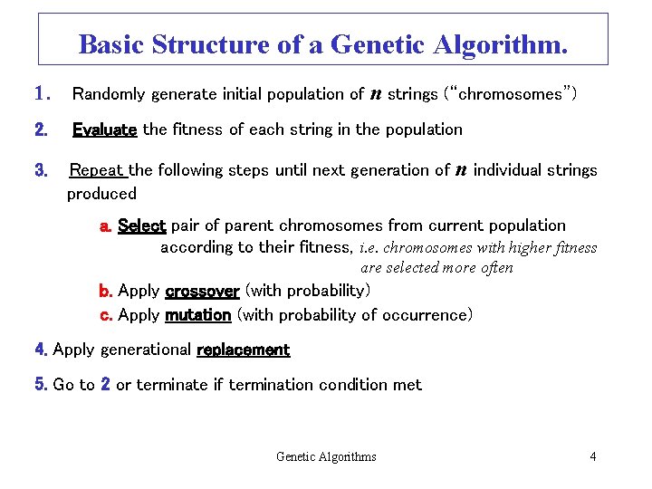 Basic Structure of a Genetic Algorithm. 1. Randomly generate initial population of n strings Basic Structure of a Genetic Algorithm. 1. Randomly generate initial population of n strings