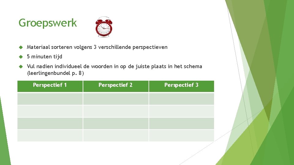 Groepswerk Materiaal sorteren volgens 3 verschillende perspectieven 5 minuten tijd Vul nadien individueel de