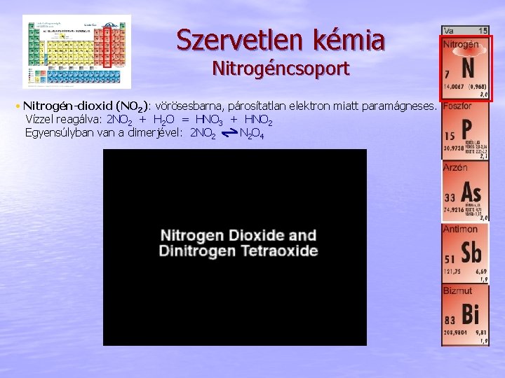 Szervetlen kémia Nitrogéncsoport • Nitrogén-dioxid (NO 2): vörösesbarna, párosítatlan elektron miatt paramágneses. Vízzel reagálva: