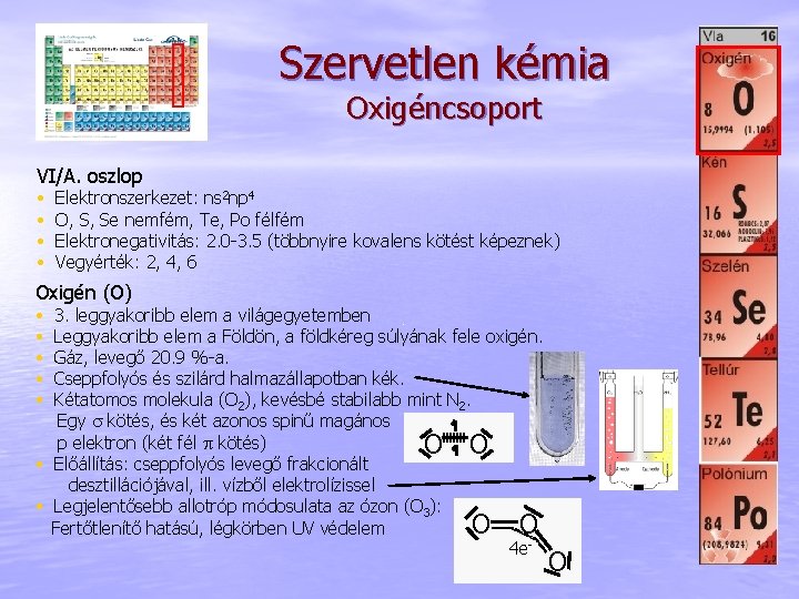 Szervetlen kémia Oxigéncsoport VI/A. oszlop • • Elektronszerkezet: ns 2 np 4 O, S,