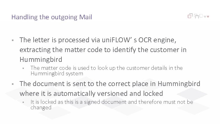 Handling the outgoing Mail § The letter is processed via uni. FLOW’ s OCR