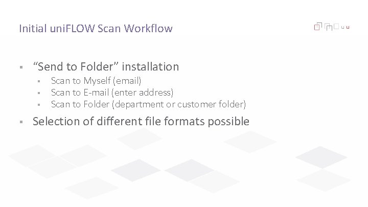 Initial uni. FLOW Scan Workflow § “Send to Folder” installation § § Scan to