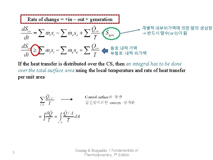 Rate of change = +in – out + generation 개별적 내부비가역에 의한 양의 생성항