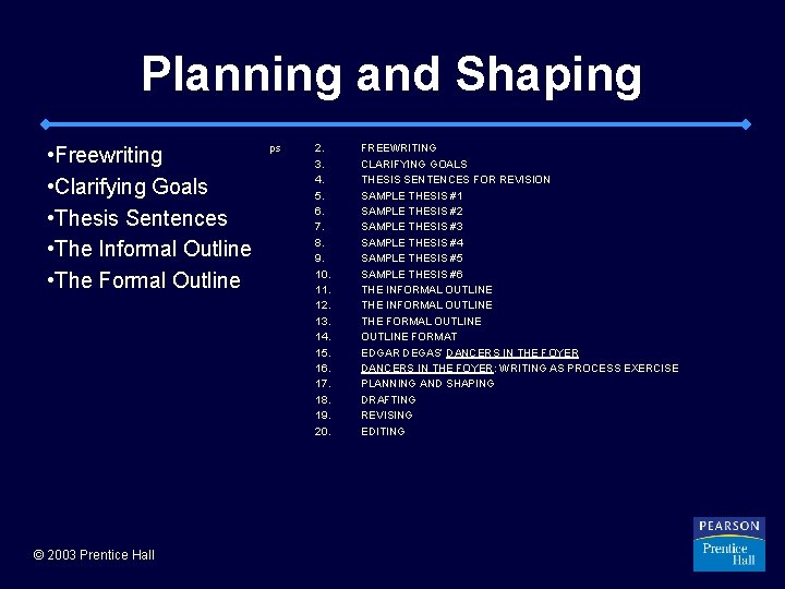 Planning and Shaping • Freewriting • Clarifying Goals • Thesis Sentences • The Informal