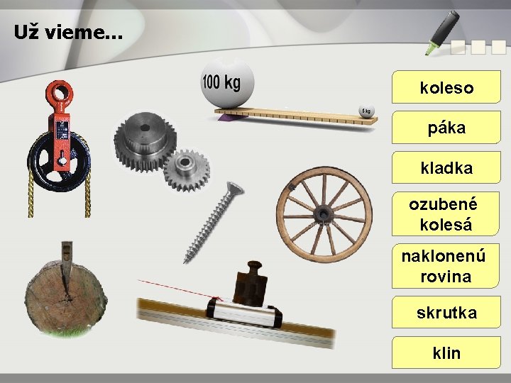 Už vieme. . . koleso páka kladka ozubené kolesá naklonenú rovina skrutka klin 