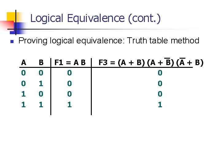 Logical Equivalence (cont. ) n Proving logical equivalence: Truth table method A 0 0