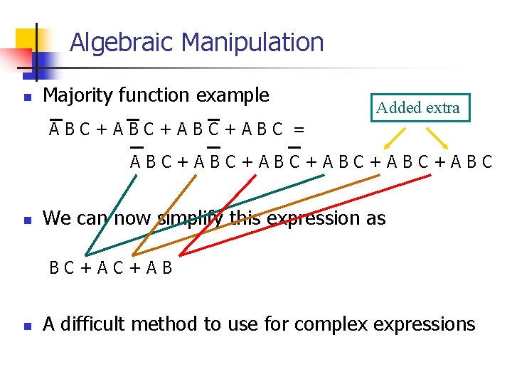 Algebraic Manipulation n Majority function example Added extra ABC+ABC+ABC = ABC+ABC+ABC+ABC n We can