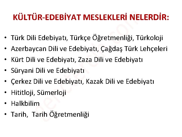 KÜLTÜR-EDEBİYAT MESLEKLERİ NELERDİR: • • Türk Dili Edebiyatı, Türkçe Öğretmenliği, Türkoloji Azerbaycan Dili ve