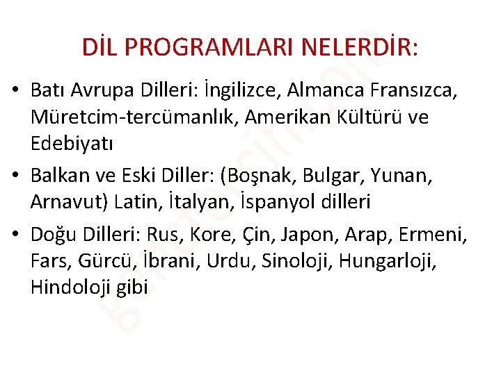 DİL PROGRAMLARI NELERDİR: • Batı Avrupa Dilleri: İngilizce, Almanca Fransızca, Müretcim-tercümanlık, Amerikan Kültürü ve