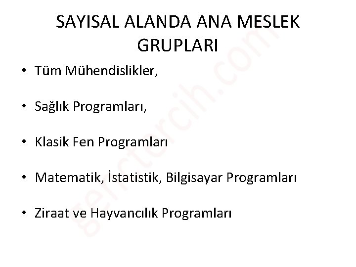 SAYISAL ALANDA ANA MESLEK GRUPLARI • Tüm Mühendislikler, • Sağlık Programları, • Klasik Fen