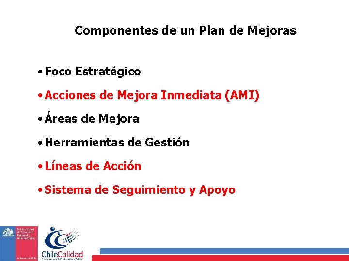 Componentes de un Plan de Mejoras • Foco Estratégico • Acciones de Mejora Inmediata