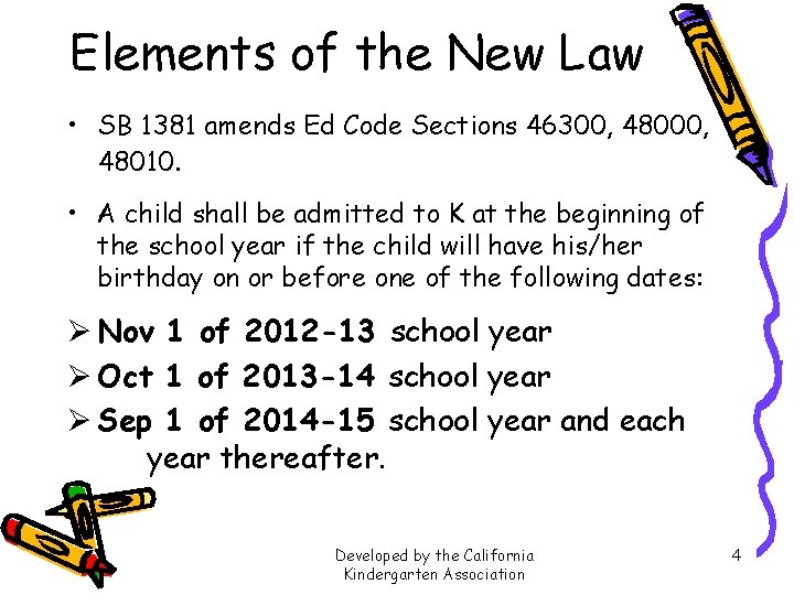 Elements of the New Law • SB 1381 amends Ed Code Sections 46300, 48010.