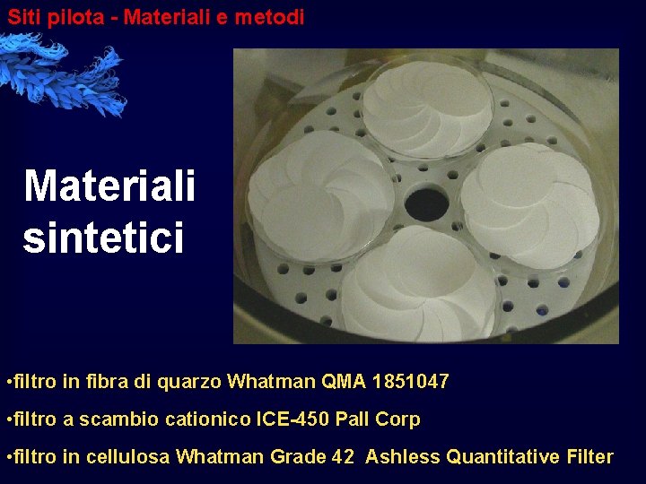 Siti pilota - Materiali e metodi Materiali sintetici • filtro in fibra di quarzo