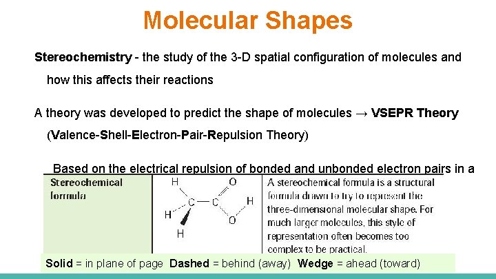 Molecular Shapes Stereochemistry - the study of the 3 -D spatial configuration of molecules