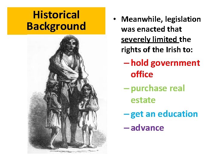 Historical Background • Meanwhile, legislation was enacted that severely limited the rights of the