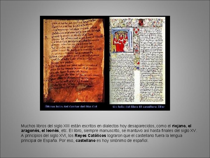 Muchos libros del siglo XIII están escritos en dialectos hoy desaparecidos, como el riojano,