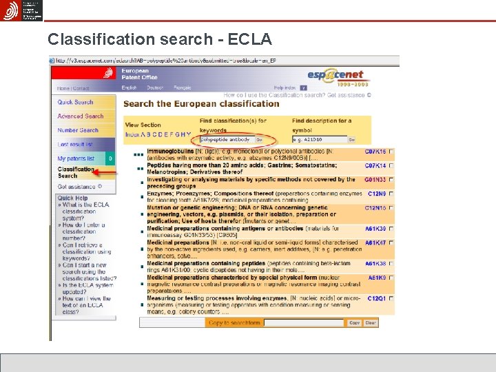 Classification search - ECLA 